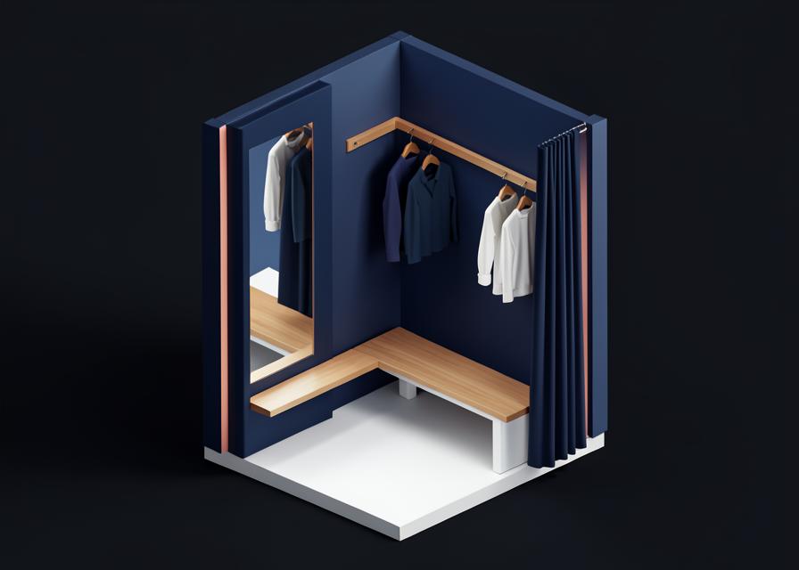 Illustrated fitting room with mirror, bench and garments